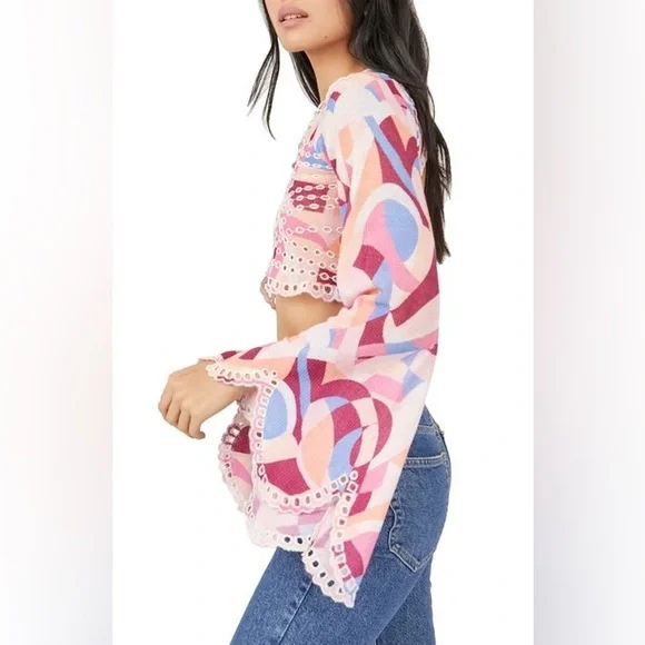 𝓯𝓹 Free People ~ Eyes on You Bell Sleeve Eyelet Mesh Crop Top - Picture 12 of 13